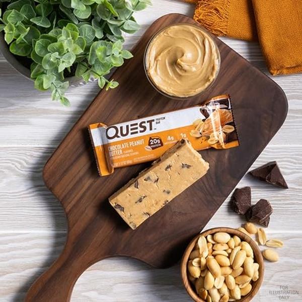 Barras de mantequilla de cacahuete y chocolate Quest Nutrition, 20 g de proteína, 1 g de azúcar, 5 g de carbohidratos netos, sin gluten, aptas para dieta cetogénica, 12 unidades