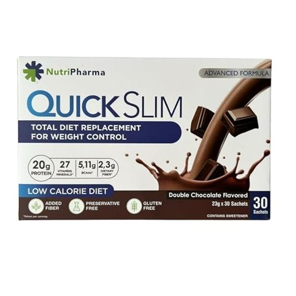 Batido sustitutivo de comida Quick Slim para bajar de peso, 30 raciones, 20 g de proteína, 27 vitaminas y minerales, fibra dietética, bajo en carbohidratos, sin gluten (doble choco