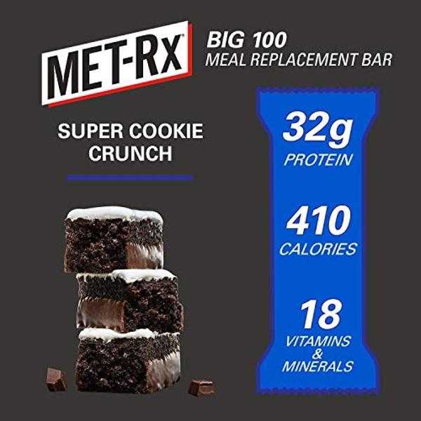 Barra de proteína MET-Rx Big 100, sustitutiva de comida, 32 g de proteína, sabor Super Cookie Crunch, 9 barras (paquete de 1)