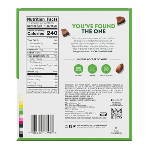 Barras de proteína ONE, sabor a chocolate y almendras, sin gluten, con 20 g de proteína y 1 g de azúcar, producto básico de la despensa, 54 g (paquete de 12), el empaque puede vari