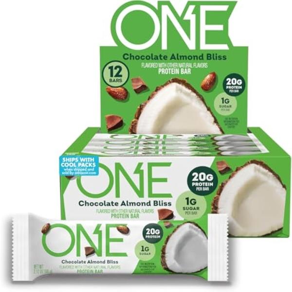 Barras de proteína ONE, sabor a chocolate y almendras, sin gluten, con 20 g de proteína y 1 g de azúcar, producto básico de la despensa, 54 g (paquete de 12), el empaque puede vari