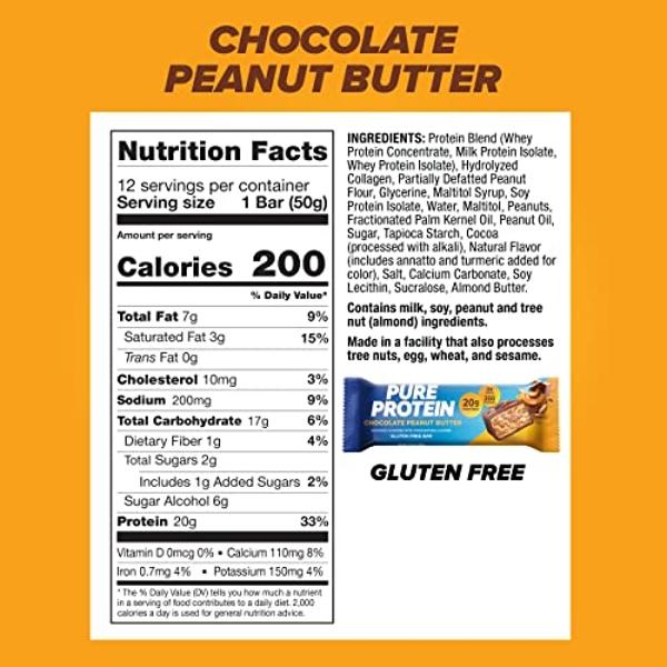 Barras de proteína pura, ricas en proteínas, refrigerios nutritivos para aumentar la energía, bajas en azúcar, sin gluten, sabor a mantequilla de cacahuete y chocolate, 50 g, 12 un