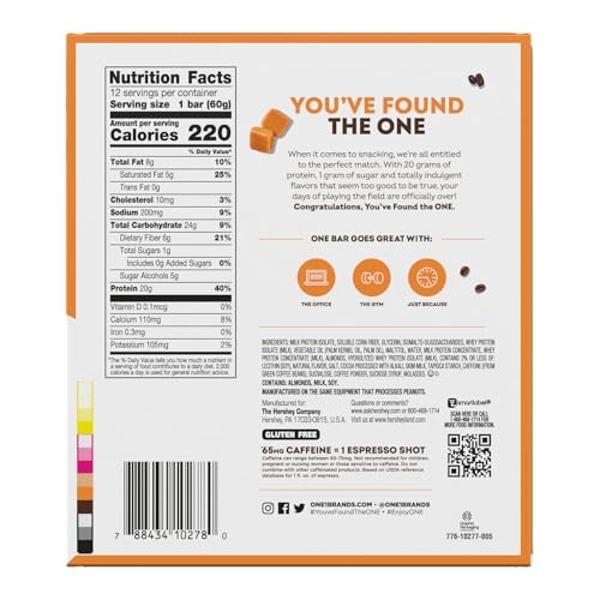 Barras de proteína con cafeína ONE Coffee Shop, Caramel Macchiato, sin gluten, con 20 g de proteína y 65 mg de cafeína, producto básico de la despensa, 2.12 oz (12 unidades), el em