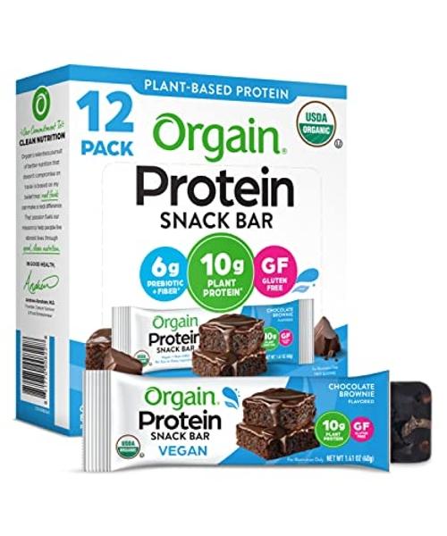 Barritas de proteína veganas orgánicas Orgain, sabor brownie de chocolate - 10 g de proteína vegetal, snacks saludables bajos en calorías, sin lactosa ni soja, sin gluten, sin OMG 
