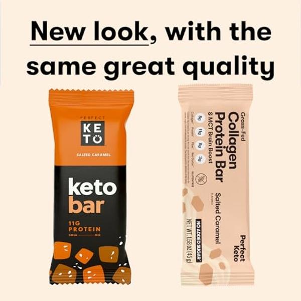 Barras Keto Perfectas: Los snacks keto más saludables con colágeno y MCT. Sin azúcar añadido, aptas para la dieta keto. 3 g de carbohidratos netos, 19 g de grasa, 11 g de proteína.