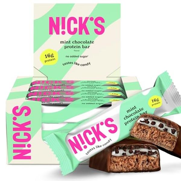 Barritas de proteína de chocolate y menta de NICK'S: 16 g de proteína, sin azúcar añadido, bajas en carbohidratos, aptas para dietas keto. 210 calorías por barrita. Paquete de 12 (