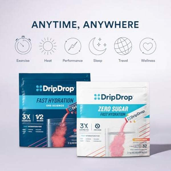 Sobres de hidratación DripDrop - Naranja - Bebida en polvo con electrolitos (porción individual) - Sin OMG, sin gluten, vegana - 32 sobres