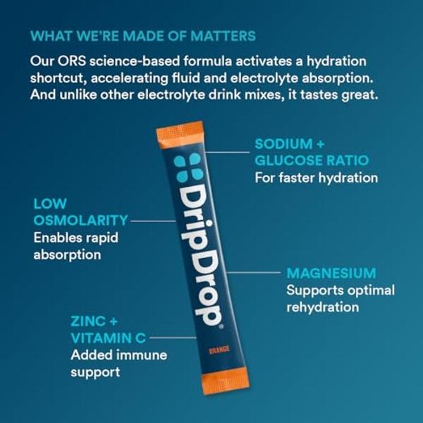 Sobres de hidratación DripDrop - Naranja - Bebida en polvo con electrolitos (porción individual) - Sin OMG, sin gluten, vegana - 32 sobres