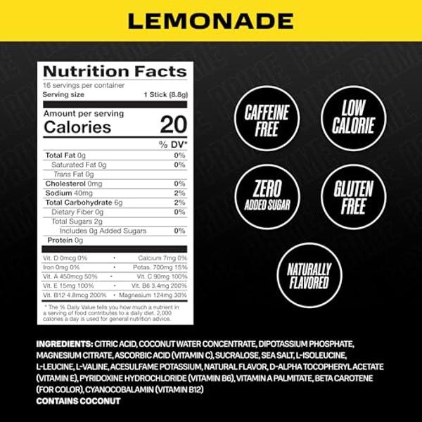 PRIME HYDRATION+ Sticks Limonada | Sobres individuales de hidratación | Polvo de electrolitos para llevar | 250 mg de BCAA, vitaminas del complejo B, antioxidantes | Bajo en azúcar