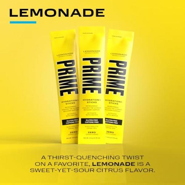 PRIME HYDRATION+ Sticks Limonada | Sobres individuales de hidratación | Polvo de electrolitos para llevar | 250 mg de BCAA, vitaminas del complejo B, antioxidantes | Bajo en azúcar