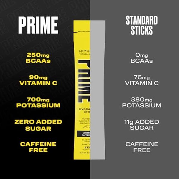 PRIME HYDRATION+ Sticks Limonada | Sobres individuales de hidratación | Polvo de electrolitos para llevar | 250 mg de BCAA, vitaminas del complejo B, antioxidantes | Bajo en azúcar