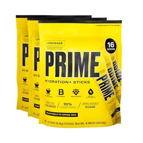 PRIME HYDRATION+ Sticks Limonada | Sobres individuales de hidratación | Polvo de electrolitos para llevar | 250 mg de BCAA, vitaminas del complejo B, antioxidantes | Bajo en azúcar