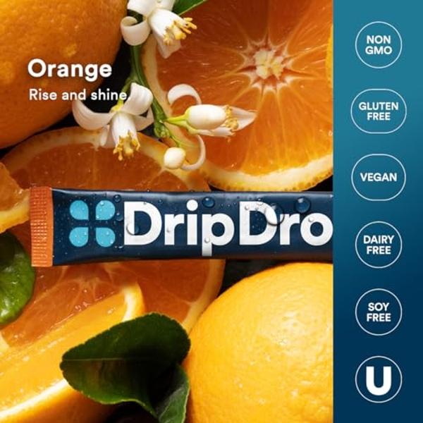 Sobres de hidratación DripDrop - Naranja - Bebida en polvo con electrolitos (porción individual) - Sin OMG, sin gluten, vegana - 32 sobres