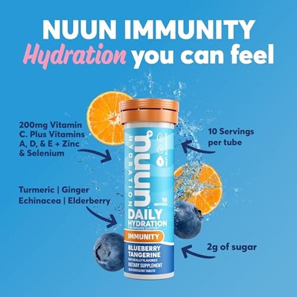 Comprimidos de electrolitos Nuun Immunity con vitaminas D, C, E y A, jengibre, saúco, magnesio y otros 4 electrolitos esenciales, veganos, sabor arándano y mandarina, paquete de 8 