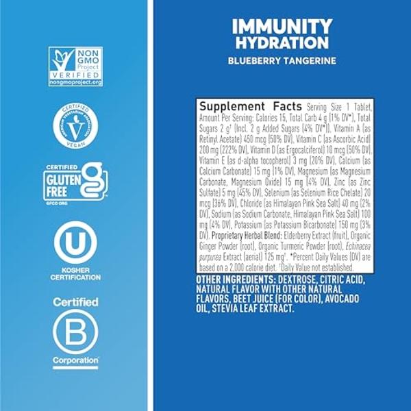 Comprimidos de electrolitos Nuun Immunity con vitaminas D, C, E y A, jengibre, saúco, magnesio y otros 4 electrolitos esenciales, veganos, sabor arándano y mandarina, paquete de 8 