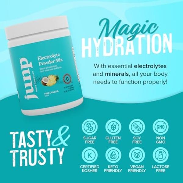 Polvo de electrolitos JUNP sin azúcar ni carbohidratos: mezcla de bebida electrolítica cetogénica de piña colada, coco y piña. Polvo de hidratación con potasio y sal. Electrolitos 