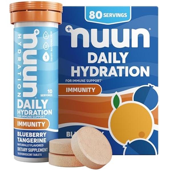 Comprimidos de electrolitos Nuun Immunity con vitaminas D, C, E y A, jengibre, saúco, magnesio y otros 4 electrolitos esenciales, veganos, sabor arándano y mandarina, paquete de 8 