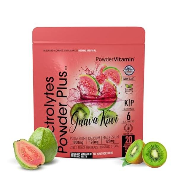 Polvo de electrolitos con vitaminas y polvo Plus (20 porciones). Guayaba, kiwi y electrolitos. Cetogénico, cero calorías, 0 azúcares, sin maltodextrina, 1000 mg de potasio, 120 mg 