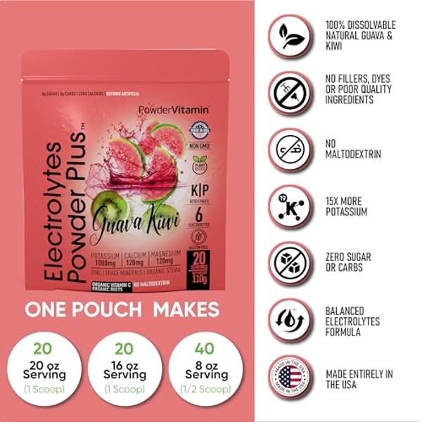 Polvo de electrolitos con vitaminas y polvo Plus (20 porciones). Guayaba, kiwi y electrolitos. Cetogénico, cero calorías, 0 azúcares, sin maltodextrina, 1000 mg de potasio, 120 mg 