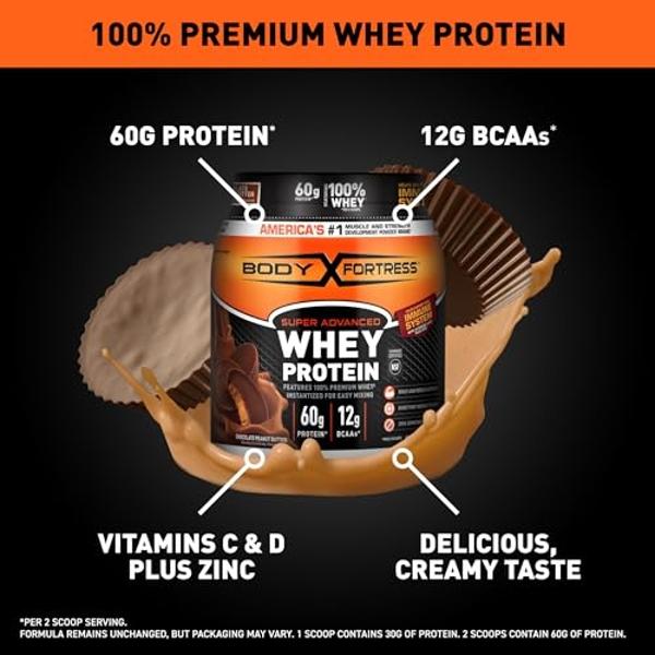 Body Fortress 100% Whey, proteína en polvo premium, sabor a mantequilla de cacahuete y chocolate, 1,78 lb (el empaque puede variar)