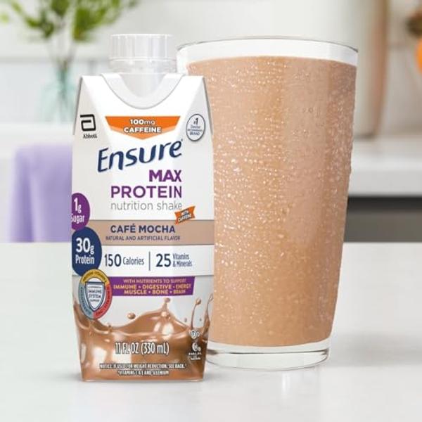 Batido de proteína Ensure Max | Café Mocha | Batido para complementar tus comidas | Listo para beber | 30 g de proteína para ganar masa muscular | 1 g de azúcar, 4 g de fibra | 325