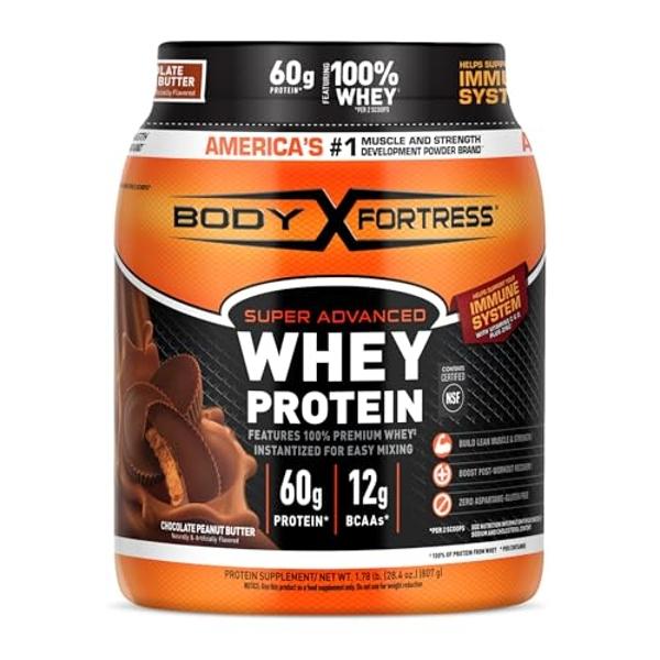 Body Fortress 100% Whey, proteína en polvo premium, sabor a mantequilla de cacahuete y chocolate, 1,78 lb (el empaque puede variar)
