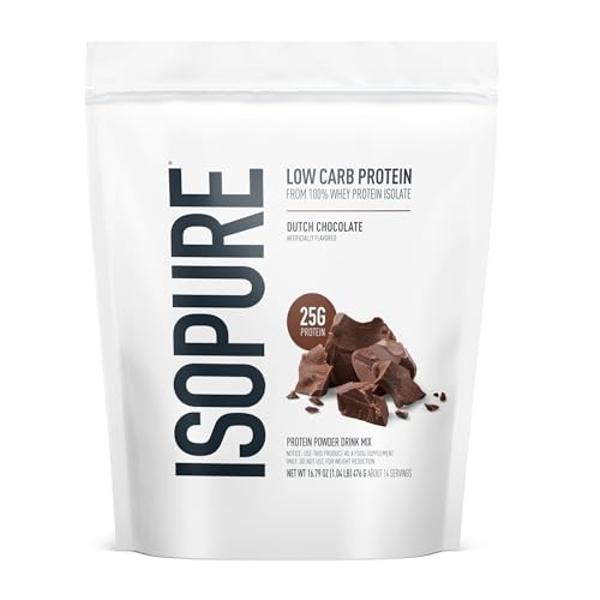 Isopure Low Carb - Proteína de suero 100 % pura en polvo, sin lactosa ni gluten, con vitaminas, sabor chocolate holandés, 25 g de proteína por porción, 450 g, 14 porciones (el empa