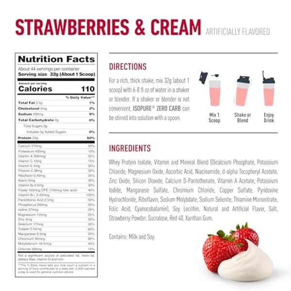 Isopure Zero Carb, proteína de suero 100 % pura, sin lactosa ni gluten, con vitaminas y sabor a fresas y crema. 25 g de proteína por porción, 1.4 kg (3 lb), 44 porciones (el empaqu