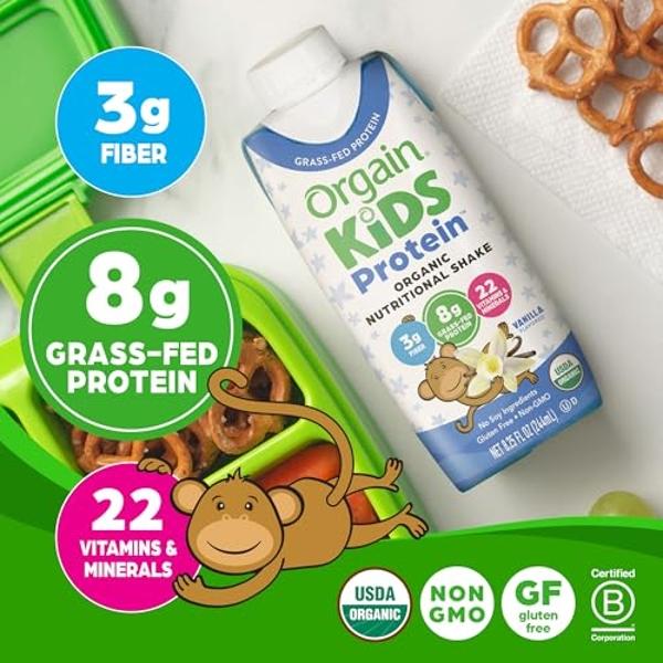Batido nutricional de proteína orgánica para niños Orgain, vainilla - 8 g de proteína, 22 vitaminas y minerales, frutas y verduras, sin gluten, sin soja, sin OMG, 8.25 onzas líquid