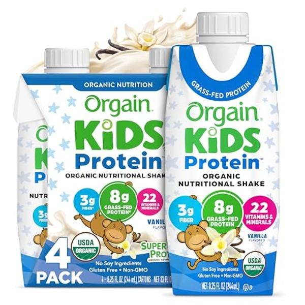 Batido nutricional de proteína orgánica para niños Orgain, vainilla - 8 g de proteína, 22 vitaminas y minerales, frutas y verduras, sin gluten, sin soja, sin OMG, 8.25 onzas líquid