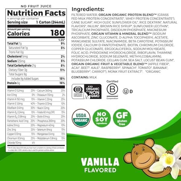 Batido nutricional de proteína orgánica para niños Orgain, vainilla - 8 g de proteína, 22 vitaminas y minerales, frutas y verduras, sin gluten, sin soja, sin OMG, 8.25 onzas líquid