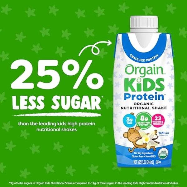 Batido nutricional de proteína orgánica para niños Orgain, vainilla - 8 g de proteína, 22 vitaminas y minerales, frutas y verduras, sin gluten, sin soja, sin OMG, 8.25 onzas líquid