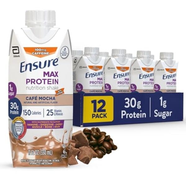 Batido de proteína Ensure Max | Café Mocha | Batido para complementar tus comidas | Listo para beber | 30 g de proteína para ganar masa muscular | 1 g de azúcar, 4 g de fibra | 325