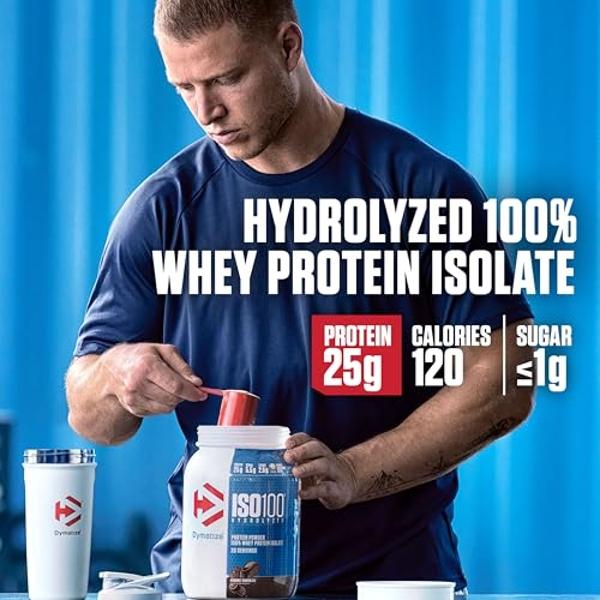 Proteína de suero de leche aislada Dymatize ISO100, sabor fresa, 25 g de proteína, 20 raciones, 5,5 g de BCAA, menos de 120 calorías, sin gluten, 1 g de grasa, 1 g de azúcar, 2 g d