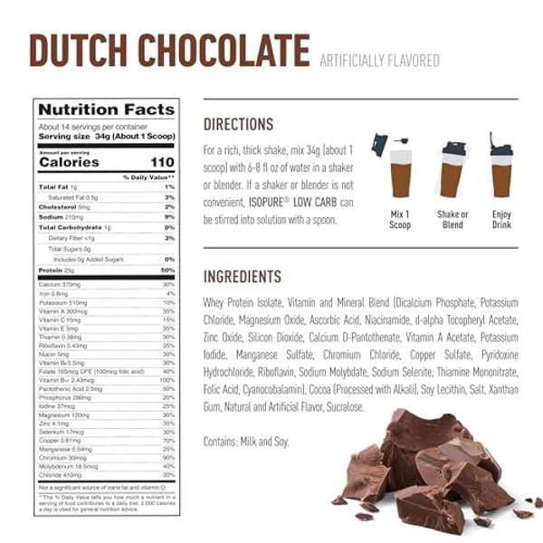 Isopure Low Carb - Proteína de suero 100 % pura en polvo, sin lactosa ni gluten, con vitaminas, sabor chocolate holandés, 25 g de proteína por porción, 450 g, 14 porciones (el empa