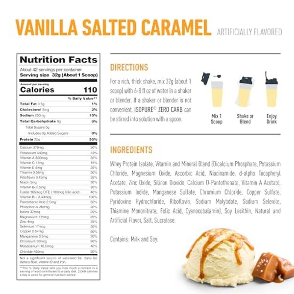 Isopure Zero Carb, proteína de suero 100 % pura, sin lactosa ni gluten, con vitaminas, sabor vainilla y caramelo salado, 25 g de proteína por porción, 1.4 kg, 42 porciones (el empa