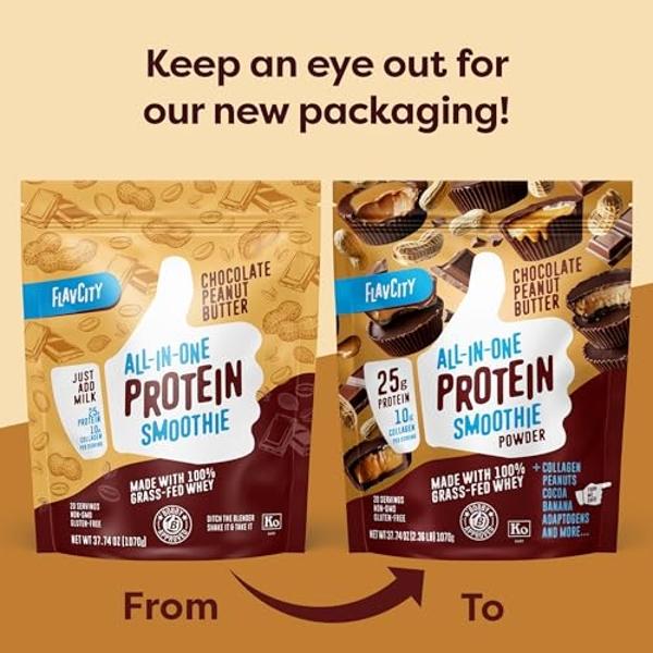 Batido de proteína en polvo FlavCity, sabor chocolate y mantequilla de cacahuete - Batido de proteína de suero 100 % de animales alimentados con pasto con colágeno (25 g de proteín