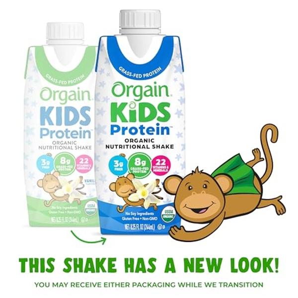 Batido nutricional de proteína orgánica para niños Orgain, vainilla - 8 g de proteína, 22 vitaminas y minerales, frutas y verduras, sin gluten, sin soja, sin OMG, 8.25 onzas líquid