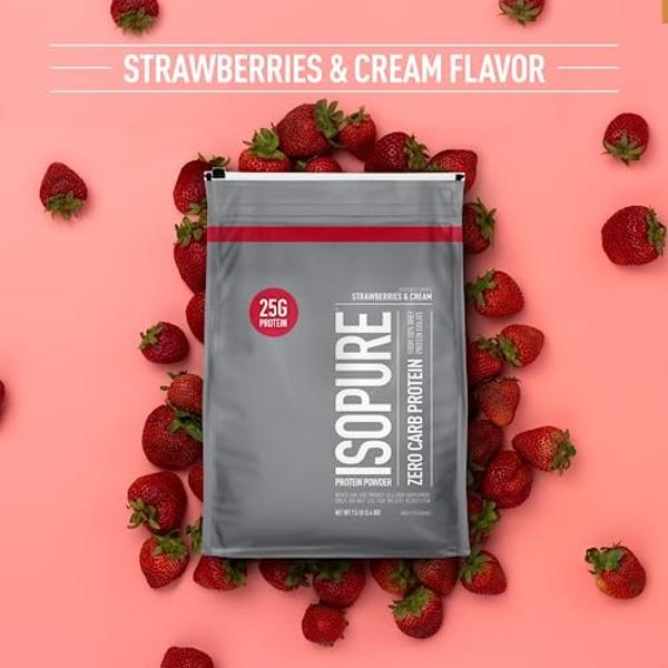 Isopure Zero Carb, proteína de suero 100 % pura, sin lactosa ni gluten, con vitaminas y sabor a fresas y crema. 25 g de proteína por porción, 1.4 kg (3 lb), 44 porciones (el empaqu
