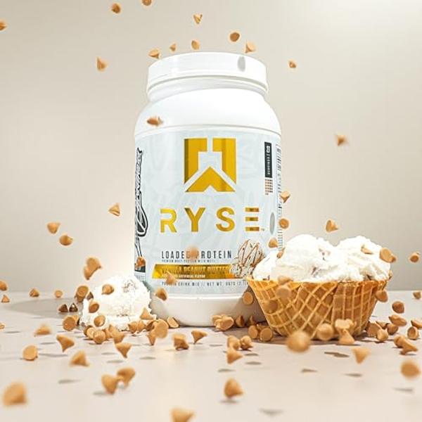 Proteína en polvo RYSE - Sabor a vainilla y mantequilla de maní - 25 g de aislado y concentrado de proteína de suero con fibra prebiótica y MCT - Bajo en carbohidratos y azúcar, di