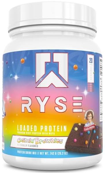 Proteína en polvo RYSE Loaded - Little Debbie Cosmic Brownie - 25 g de aislado y concentrado de proteína de suero con fibra prebiótica y MCT - Bajo en carbohidratos y azúcar, diges