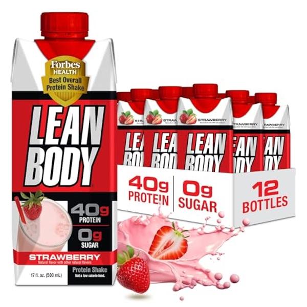 Batido de proteína de fresa Labrada Lean Body, listo para beber, 40 g de proteína, mezcla de suero, 0 azúcar, sin gluten, 22 vitaminas y minerales, 17 onzas (caja y tapa reciclable