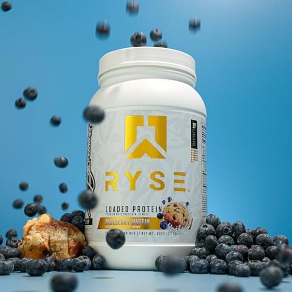 Proteína en polvo RYSE Loaded - Muffin de arándanos - 25 g de aislado y concentrado de proteína de suero con fibra prebiótica y MCT - Bajo en carbohidratos y azúcar, digestivo - 54