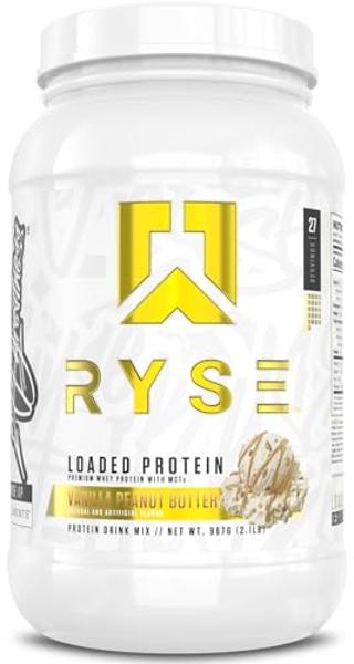 Proteína en polvo RYSE - Sabor a vainilla y mantequilla de maní - 25 g de aislado y concentrado de proteína de suero con fibra prebiótica y MCT - Bajo en carbohidratos y azúcar, di