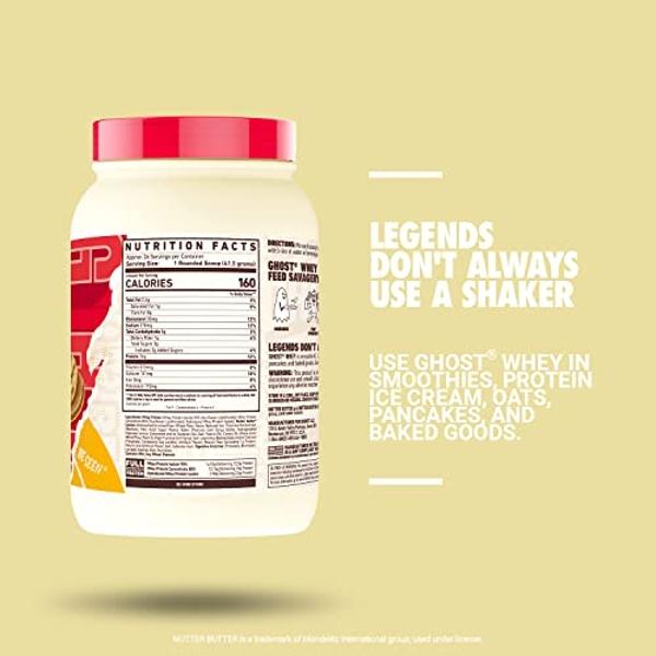 Proteína de suero en polvo GHOST, sabor a mantequilla de cacahuete - Envase de 2.4 lb, 26 g de proteína - Aislado, concentrado y mezcla de proteína de suero hidrolizada con sabor a