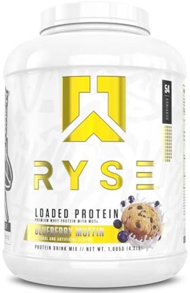 Proteína en polvo RYSE Loaded - Muffin de arándanos - 25 g de aislado y concentrado de proteína de suero con fibra prebiótica y MCT - Bajo en carbohidratos y azúcar, digestivo - 54