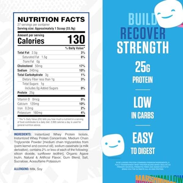 Proteína en polvo RYSE - Malvavisco Jet-Puffed - 25 g de aislado y concentrado de proteína de suero con fibra prebiótica y MCT - Bajo en carbohidratos y azúcar, digestivo - 20 porc