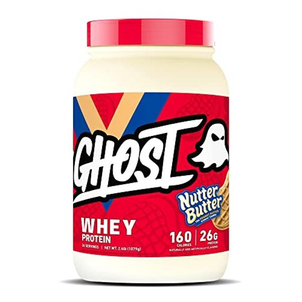 Proteína de suero en polvo GHOST, sabor a mantequilla de cacahuete - Envase de 2.4 lb, 26 g de proteína - Aislado, concentrado y mezcla de proteína de suero hidrolizada con sabor a