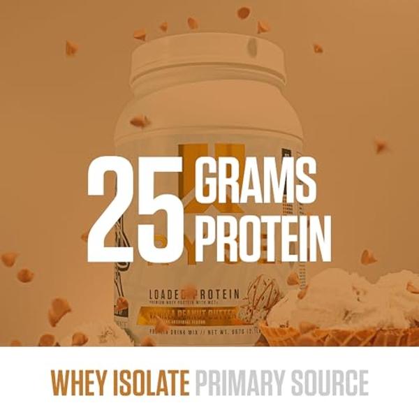 Proteína en polvo RYSE - Sabor a vainilla y mantequilla de maní - 25 g de aislado y concentrado de proteína de suero con fibra prebiótica y MCT - Bajo en carbohidratos y azúcar, di