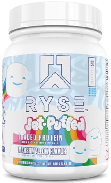 Proteína en polvo RYSE - Malvavisco Jet-Puffed - 25 g de aislado y concentrado de proteína de suero con fibra prebiótica y MCT - Bajo en carbohidratos y azúcar, digestivo - 20 porc